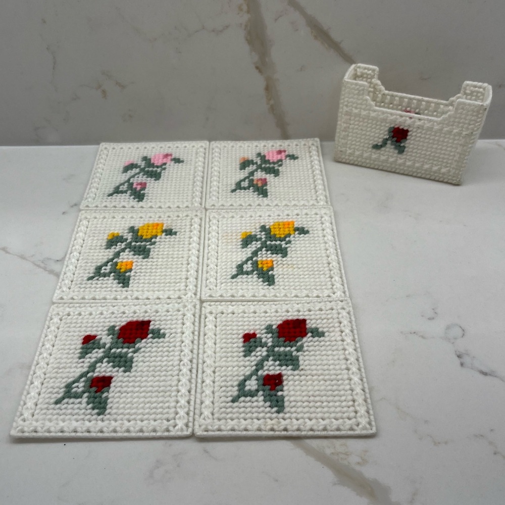 6 Vintage Embroidered Floral Flower Coasters in Holder Hand Crafted